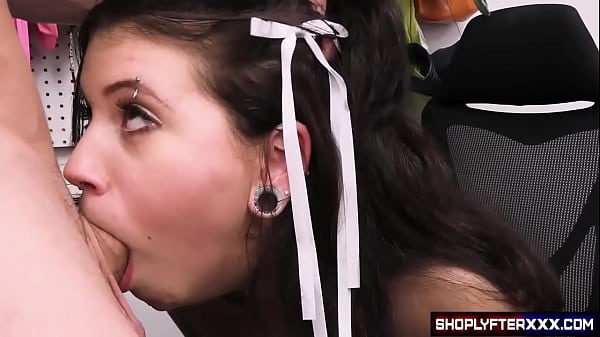 Hot little thief is caught by the security guard who undresses her and penetrates his big cock in her wet and tight pussy then she swallows his cum.